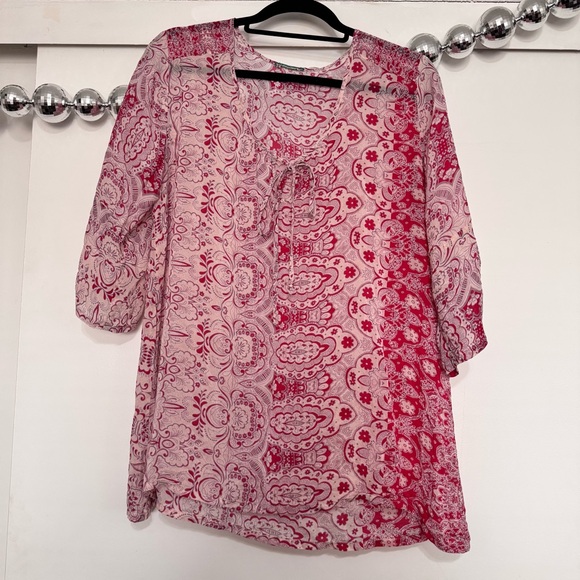 Johnny Was Tops - Johnny Was Sheer Pink Paisley Popover Tunic Blouse Top Cupra Rayon